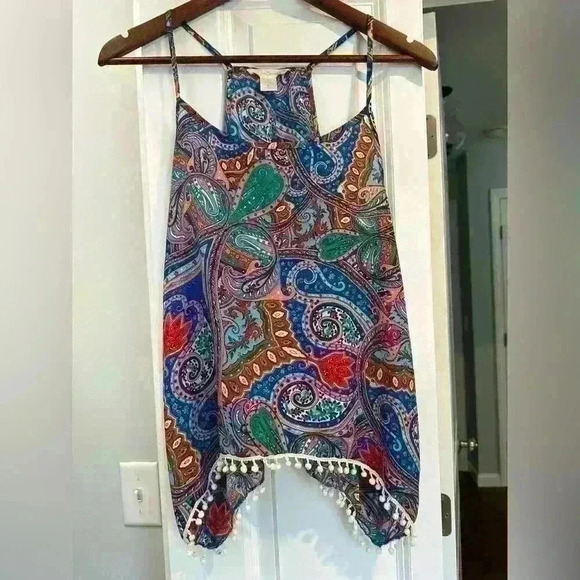 Love Blossom Boho Festival Split Hem Open Back Flowy Mini Pom Pom Top Size L - Picture 7 of 8